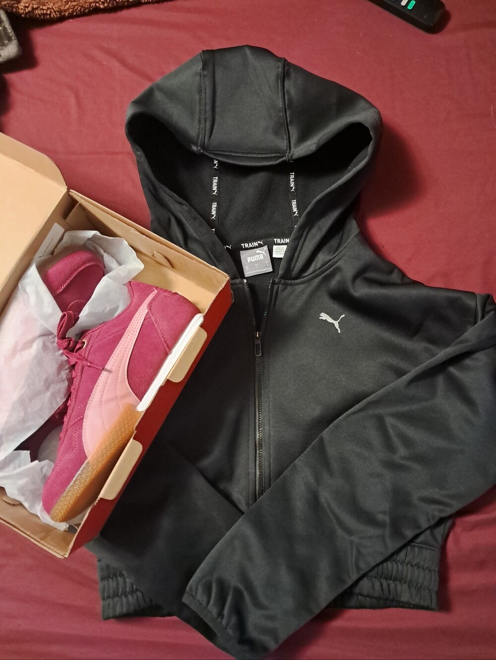 Puma Women's Burgundy and Light Pink Suede Sneaker And Black Puma Crop Jacket